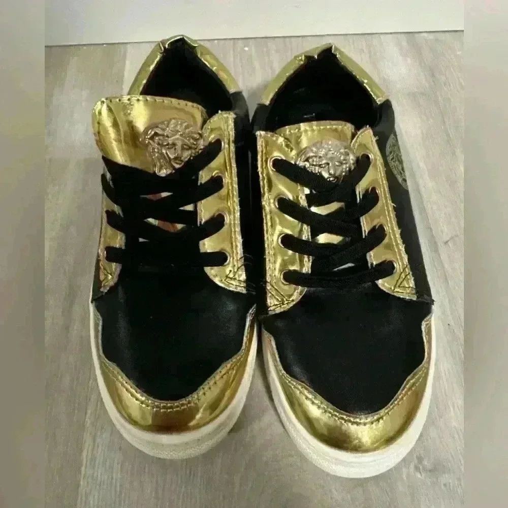 5. Versace sneakers boys shoes Leather Embossing Design Black Gold Metal Low Cut